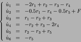 \begin{displaymath}
\left\{
\begin{array}{rcl}
\dot u_1 &=& -2r_1+r_2-r_3-r_4...
..._5 &=& r_2-r_3+r_5 \\
\dot u_6 &=& -r_5
\end{array} \right.
\end{displaymath}