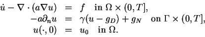\begin{displaymath}
\begin{array}{rcl}
\dot{u} - \nabla \cdot (a \nabla u) &=&...
..., \\
u(\cdot,0) &=& u_0 \quad \mbox{in } \Omega.
\end{array}\end{displaymath}