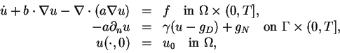 \begin{displaymath}
\begin{array}{rcl}
\dot{u} + b \cdot \nabla u - \nabla \cd...
..., \\
u(\cdot,0) &=& u_0 \quad \mbox{in } \Omega,
\end{array}\end{displaymath}