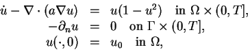 \begin{displaymath}
\begin{array}{rcl}
\dot{u} - \nabla \cdot (a \nabla u) &=&...
..., \\
u(\cdot,0) &=& u_0 \quad \mbox{in } \Omega,
\end{array}\end{displaymath}